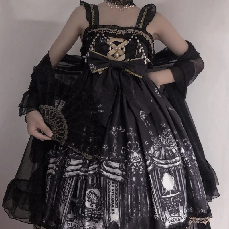 

Japanese Gothic Lolita JSK Dress Dark Cross Reincarnation Sleeveless Punk Dress Women Vintage Victorian Party Suspender Dresses