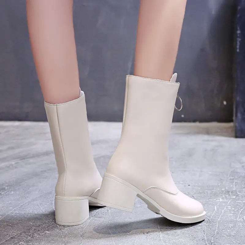 2020 Korean Wave New Autumn and Winter Thick Heel Round Toe Women's Boots Front Zipper Mid-tube Short Boots Martin Boots Women