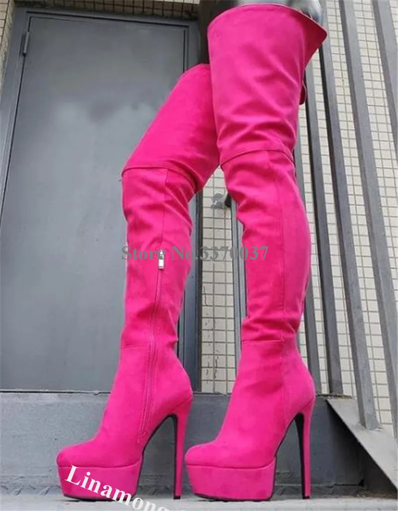 

Linamong Women Sexy Round Toe Suede Leather Over Knee Platform Boots Pink Slim Long Thin Heel Boots Dress Shoes Big Size