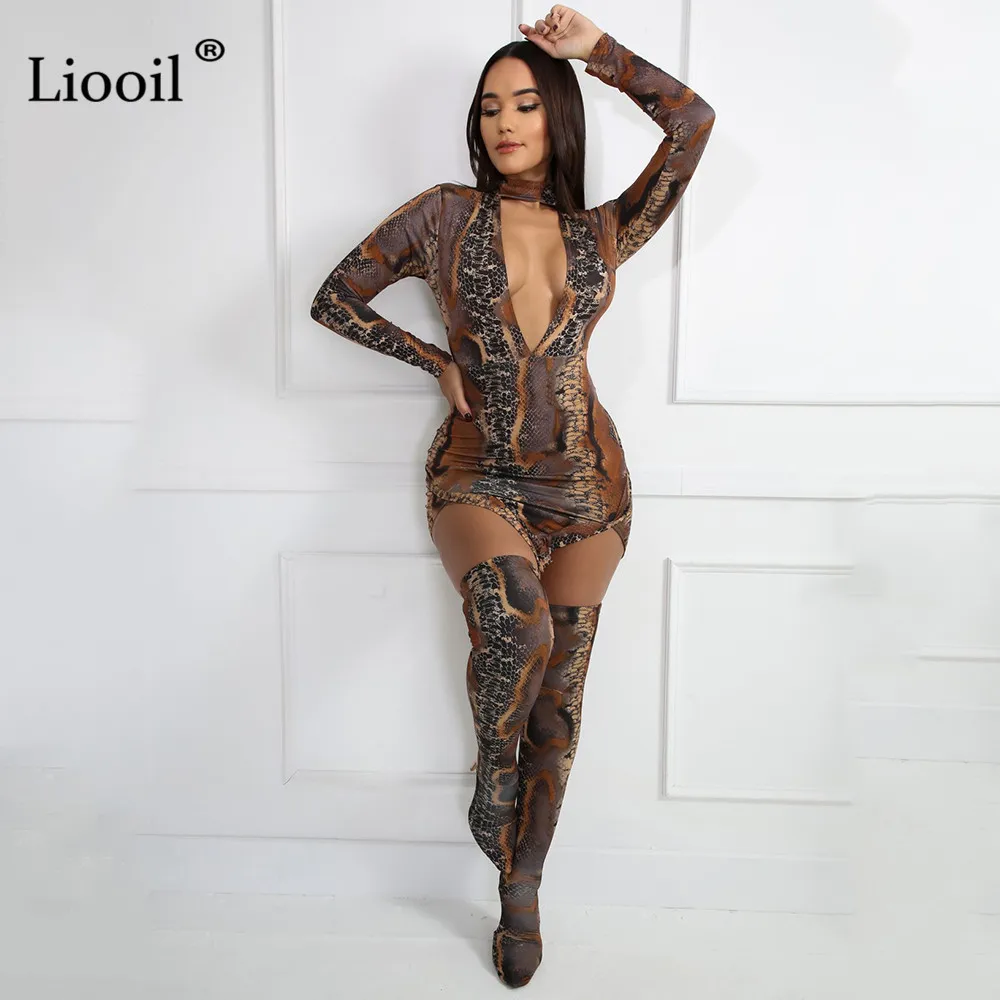 Liooil, камуфляжный принт со змеиным принтом, комплект из 2 предметов, облегающее мини-платье, сексуальная клубная одежда, асимметричные облегающие платья с v-образным вырезом, женские вечерние платья