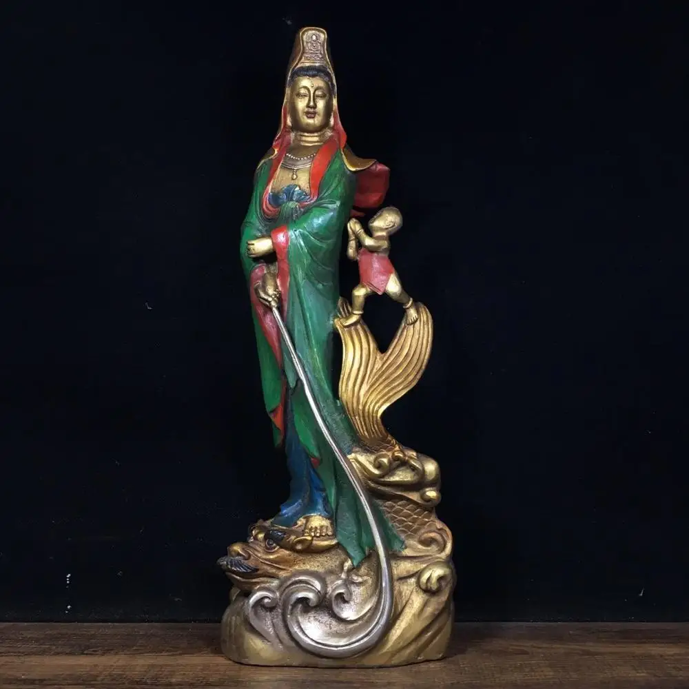 

Wedding 14" China Folk Collection Brass Painted Buddhism donkey guanyin statue AvalokiteÅ›vara Avalokitasvar Buddha statue