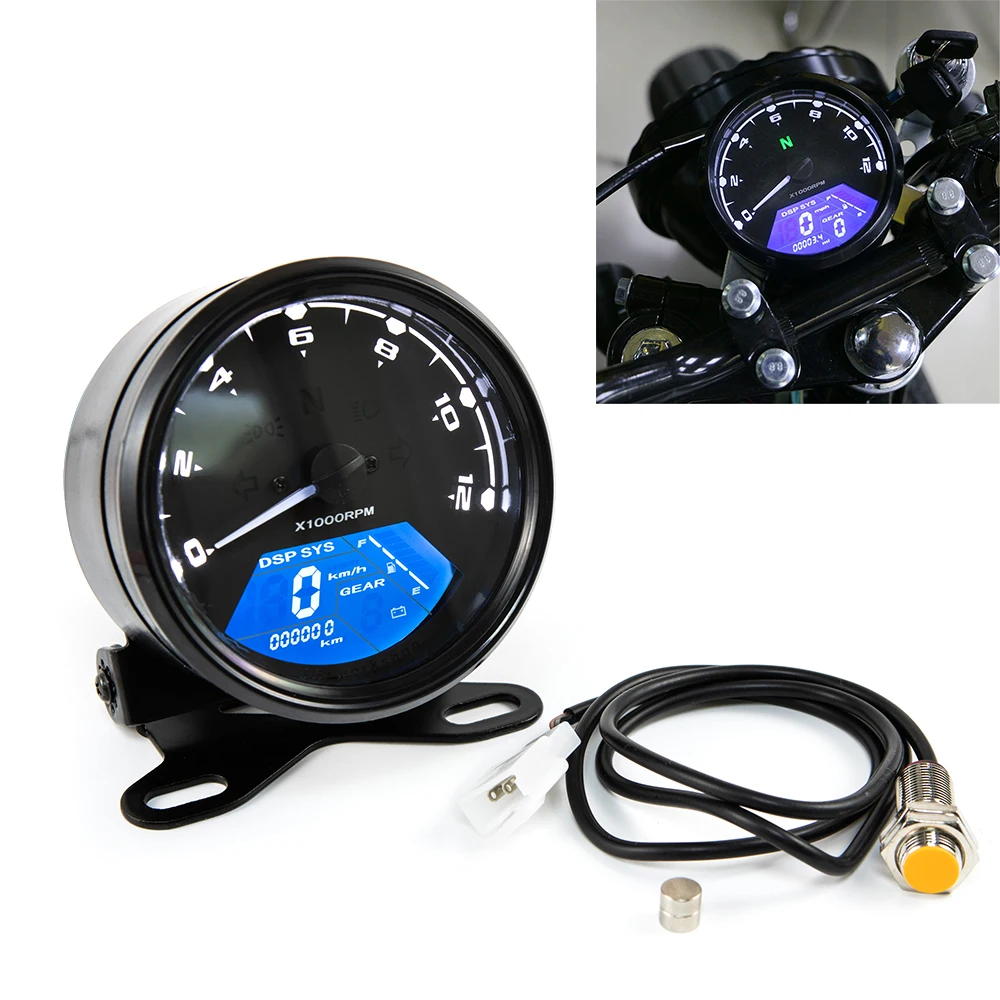 

12V Universal Motorcycle Speedometer Tachometer Fuel Meter Dashboard Gauges Dial Odometer LCD Digital Indicator with Bracket