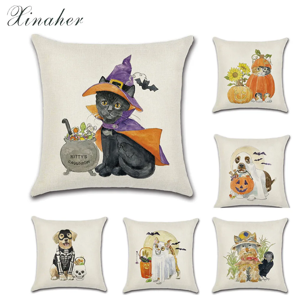 Милый льняной чехол на Хэллоуин с мультяшными животными кошками и собаками для
