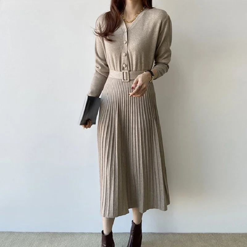 

Chic Knitted V-neck Belted Pleated Dress Women Full Sleeve V-neck Single Breasted Long Midi Dresses Solid Elegant Vintage Vestid