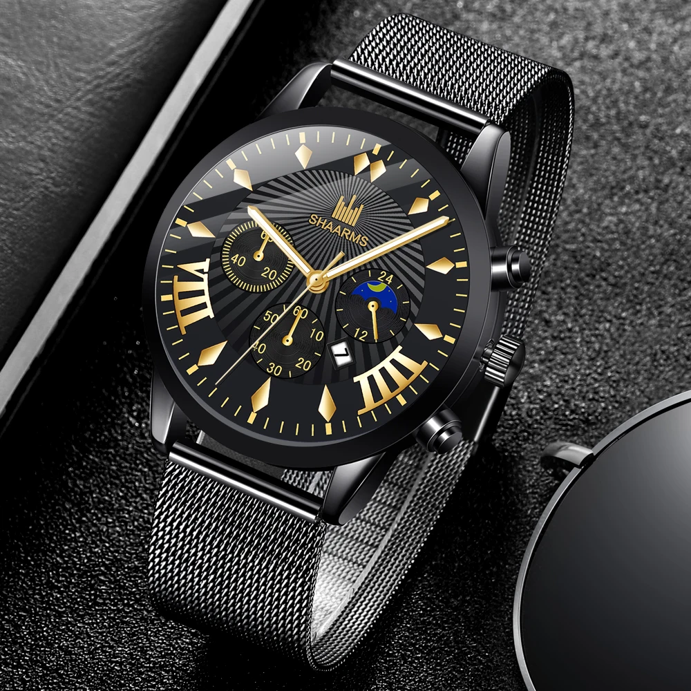 

Fashion Mesh Belt Quartz Gold Watch Business Man Wristwatch Clock Complete Calendar Waterproof Mens Watches relogio montre homme