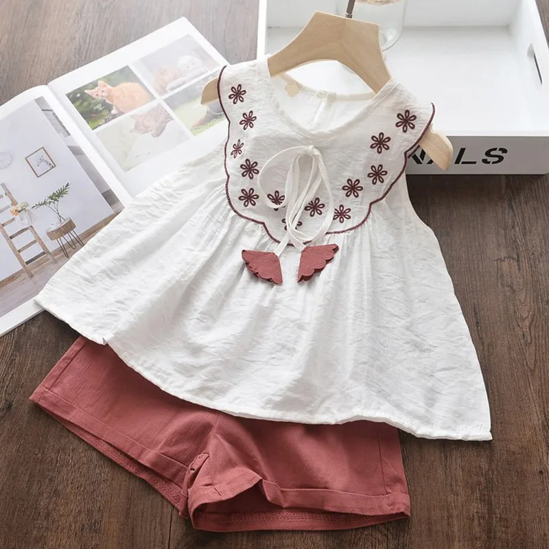 AY275 Red Bear leader/комплекты одежды для девочек, лето, брендовая многослойная Детская рубашка без рукавов с оборками и цветочным принтом+ короткие штаны для девочек 3-7 лет - Цвет: AY275 Red