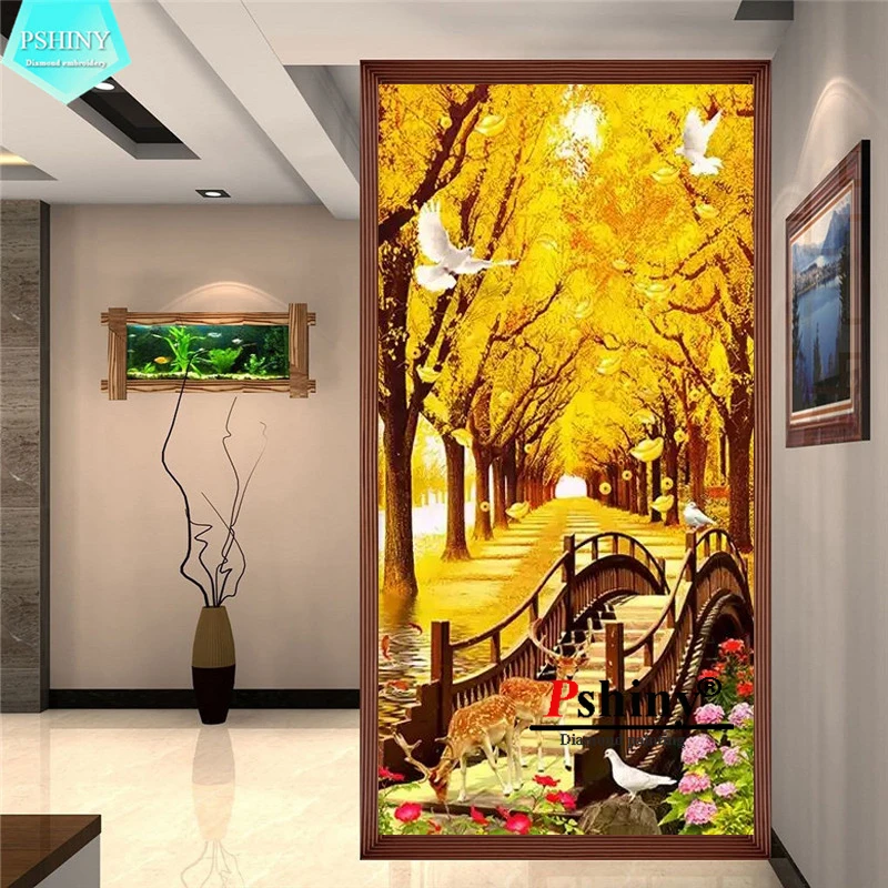 

PSHINY 5D DIY Diamond embroidery sale golden forest landscape picture Full drill round rhinestone Diamond Painting cross stitch