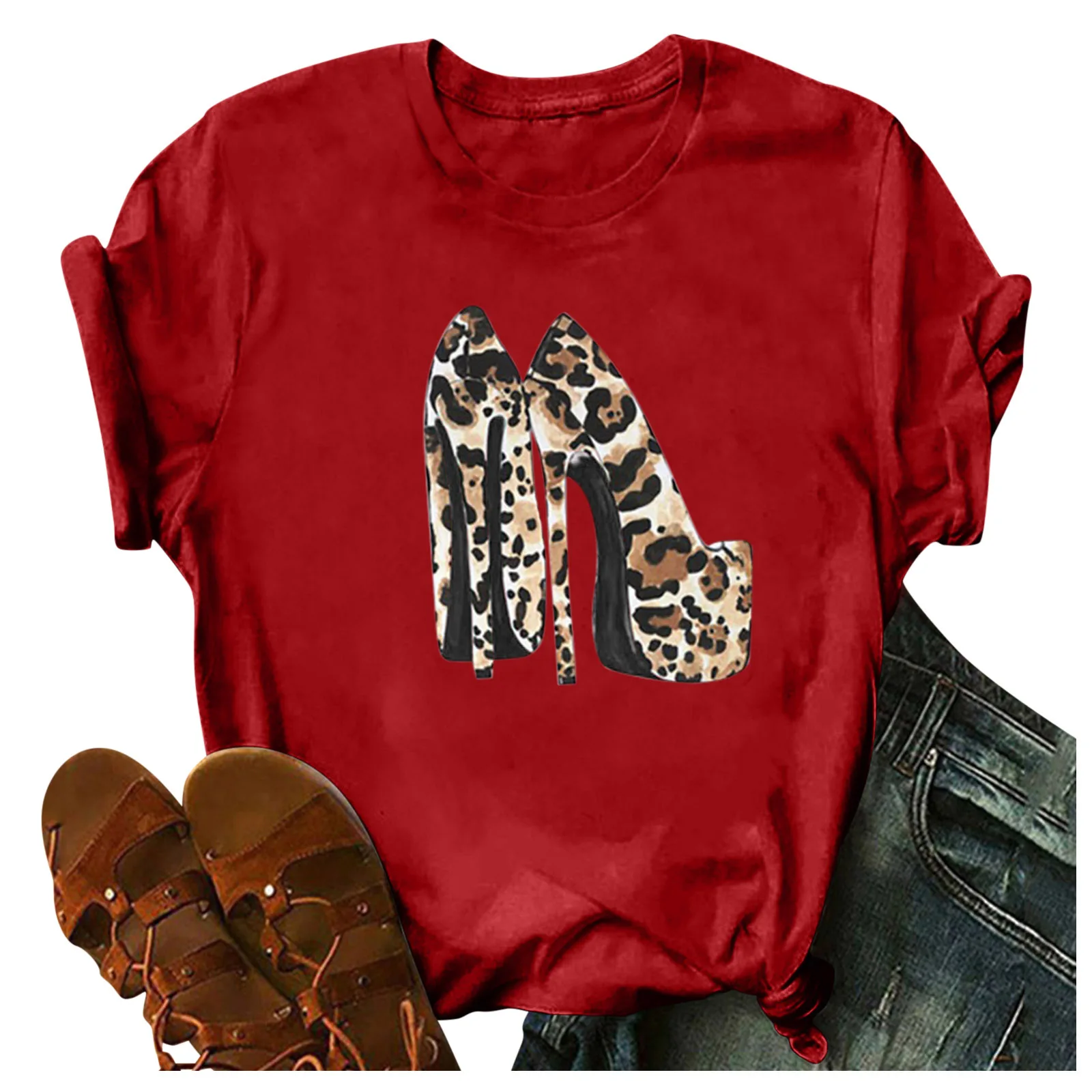

Leopard High-heeled Shoes Print Women T Shirt Short Sleeve ONeck Loose Women Tshirt Ladies Tee Shirt Tops Camisetas Mujer