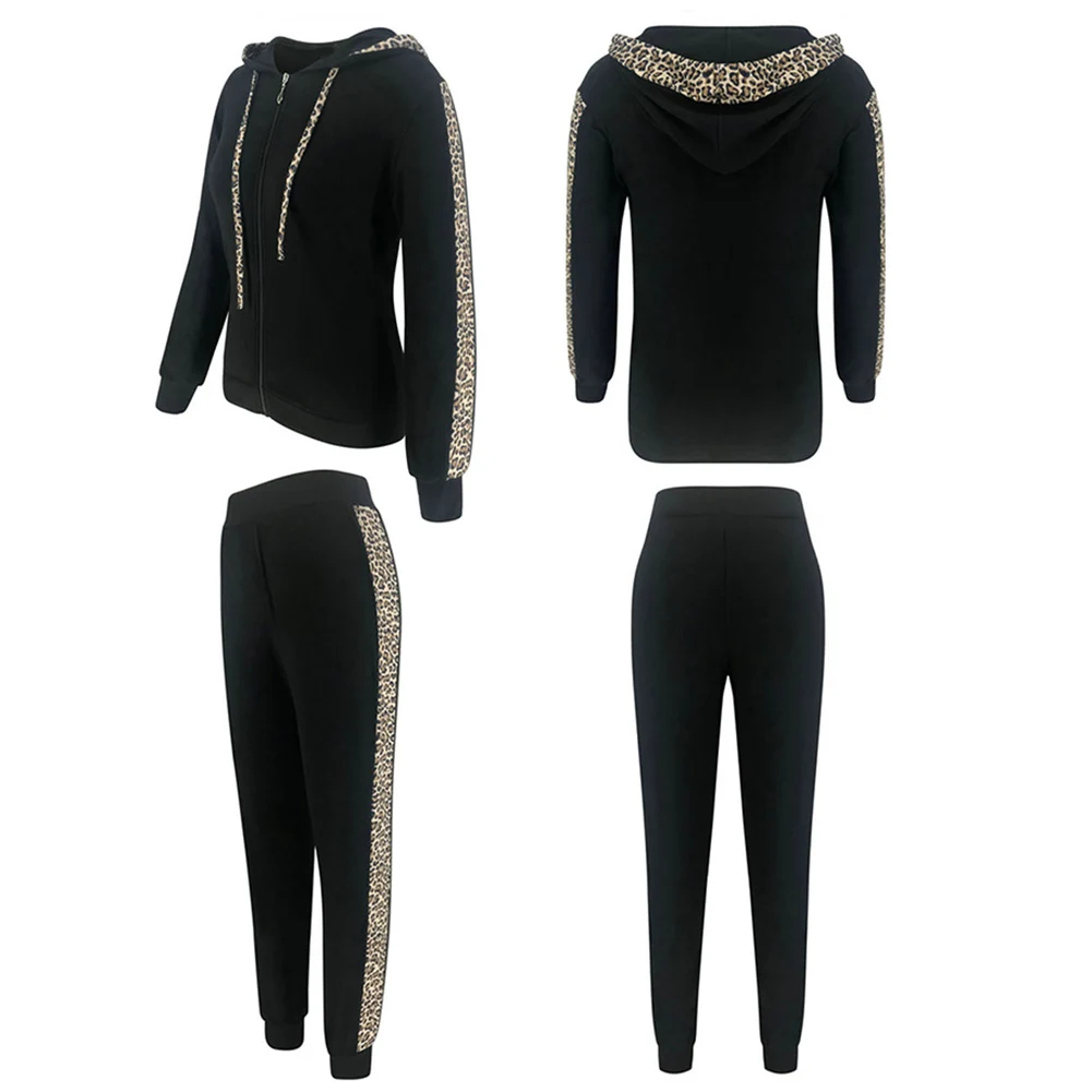 Women Casual Leopard Tracksuit Long Sleeve Hooded Sports Top Pants Two Piece Set Sweatshirt Sweatsuit Jogging Mujer Clothes |