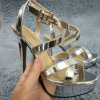 sexy silver patent high heel dress party women sandals summer new open toe buckle ankle strap stiletto platform 14cm heels shoe