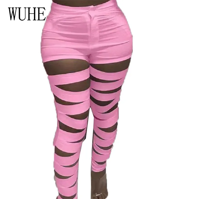 

YEYA Hollow Out Skinny Pants Button Up Pockets Hole Sexy High Waist Summer Elegant Women Casual Party Streetwear Club Trousers