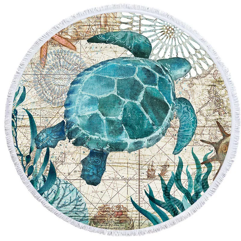 

Sea Turtle Round Beach Towel Undersea World Thick Shower Bath Towels Microfiber Summer Swim Circle Yoga Mat 150cm With Tassels