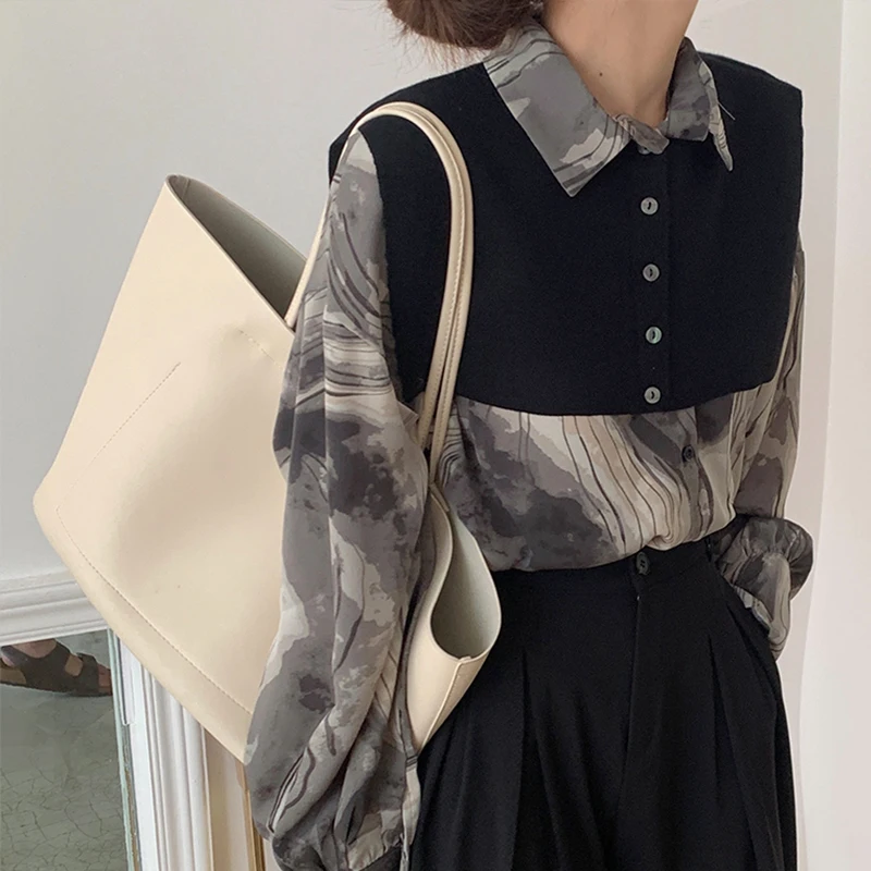

Retro Rendering Fashionable Shirt Women Fashion Lapel Shirt Woman Simplicity Long Sleeve Women's Tops With Shawl 2021