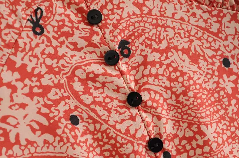 Vintage Elegant Ruffles Buttons Print Maxi Dress Women Fashion V Neck Short Sleeve Side Zipper Dresses Vestidos Mujer