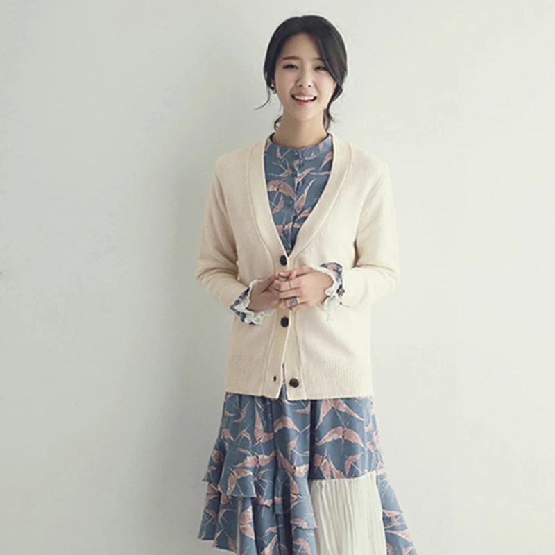 Женский свитер с V образным вырезом Однобортный Теплый кардиган длинным рукавом