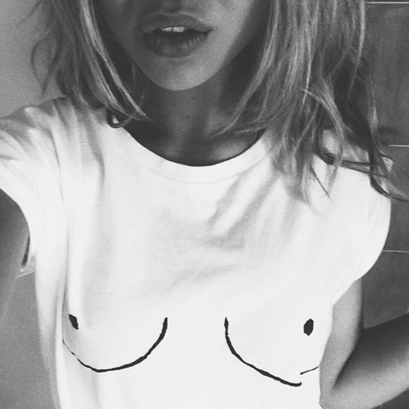 2016 Хлопковая женская футболка белая с принтом в виде груди уличная стиле