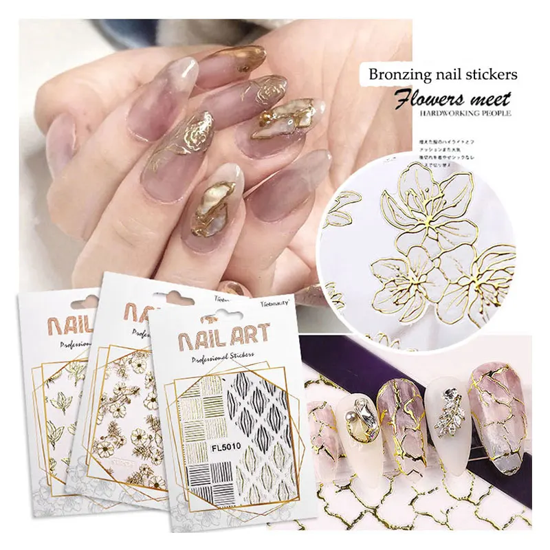 

3D Bronzing Nail Sticker Fashion Golden Henna Lace Line Three-dimensional Flower Applique Nail Decoration Accessories tz0281