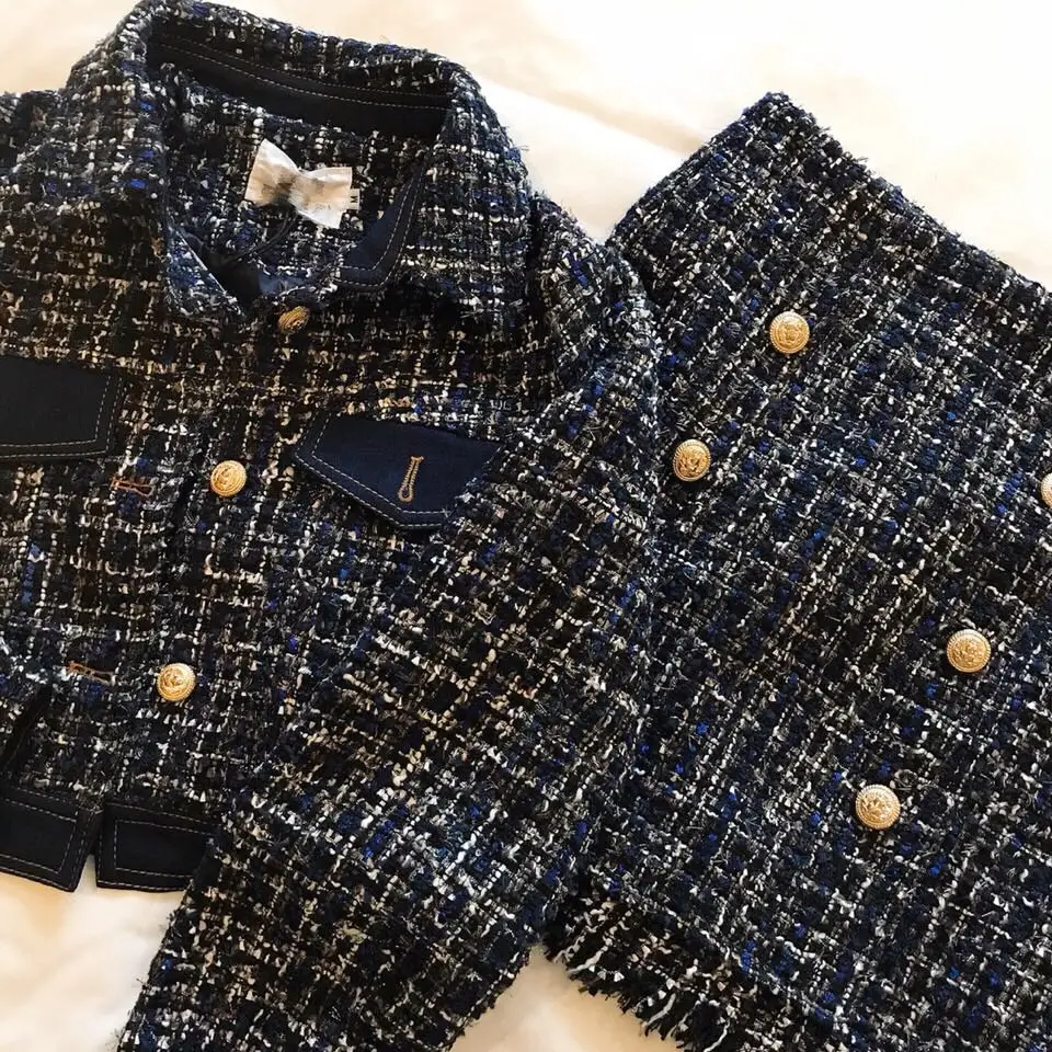 

2019 Autumn Winter Runway Design High Quality Women Tweed Wool Plaid Short Jacket Coat + Tassel Skirt Suit 2 Piece Sets Clothing