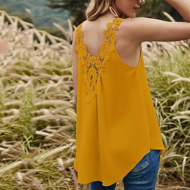 

Women's Loose Tanks Back Hollow Lace Sexy Female 2021 Summer Loose Tops Casual White Sexy Deep V Neck Camisole