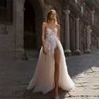 Свадебные платья цвета шампанского с открытыми плечами, трапециевидные Свадебные платья с аппликацией сердечком и блестками для невесты с разрезом спереди, Формальные платья 2021
