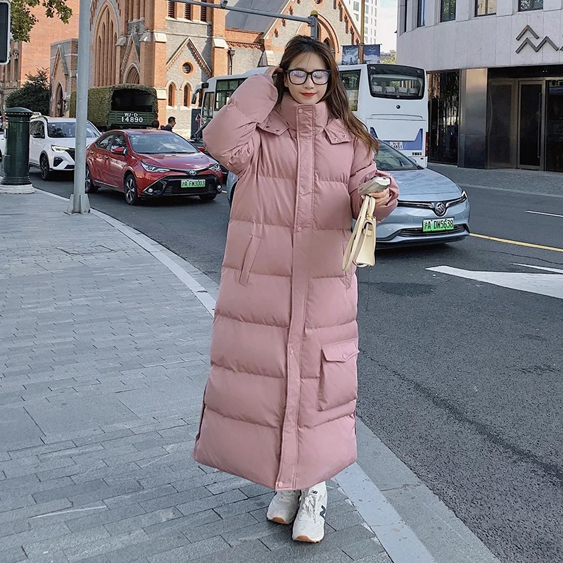 

Женская зимняя куртка, пуховик из хлопка, модное корейское Свободное длинное однотонное пальто с капюшоном, плотное повседневное теплое ка...