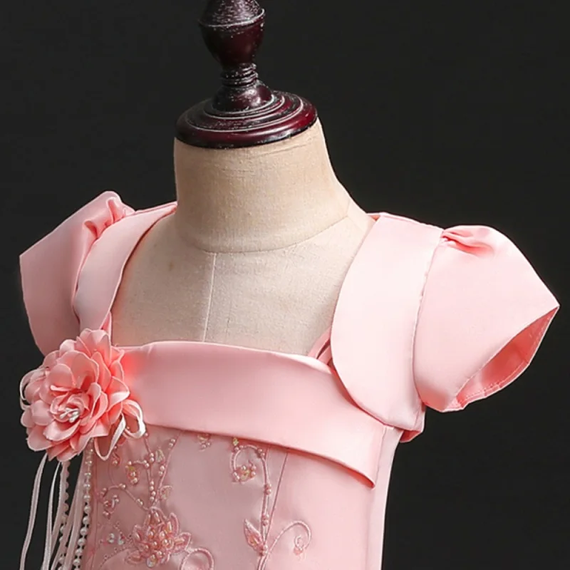 Vest-Pink Детская одежда в европейском и американском стиле платье на бретельках для девочек высококачественное атласное свадебное платье принцессы с вышитыми цветами для девочек - Цвет: Vest-Pink
