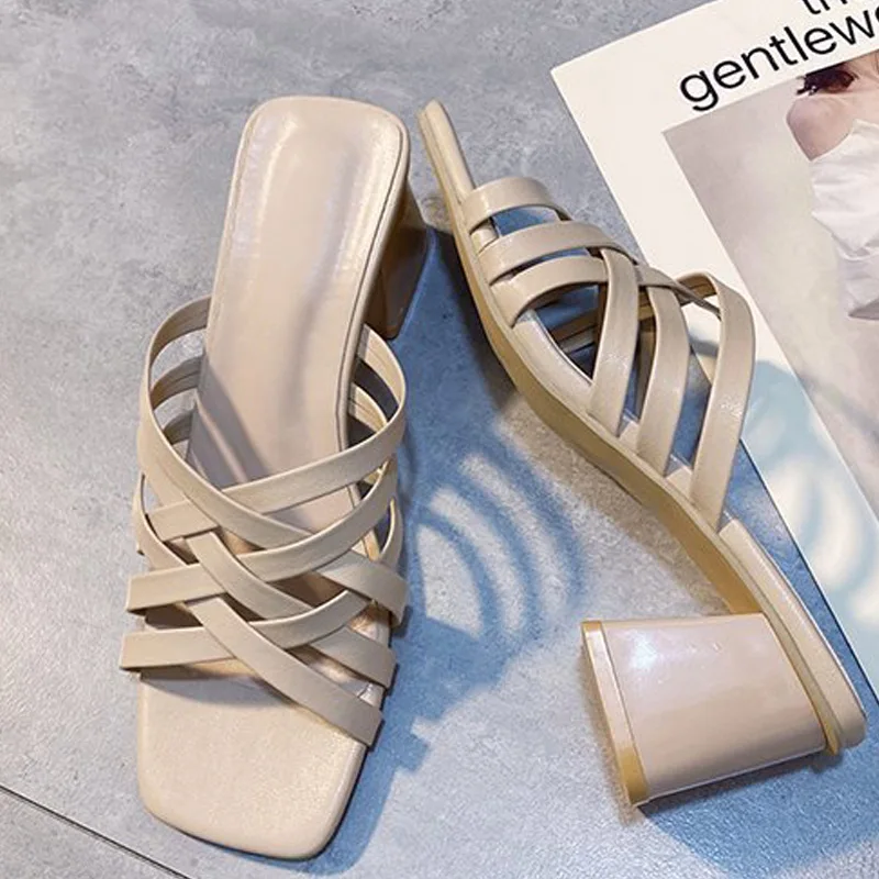 

Women's PU Leather Summer Fashion Slippers Square Toe Ladies Sexy Sandals Cross Tied Women Low Heels Shoes Female Footwear New