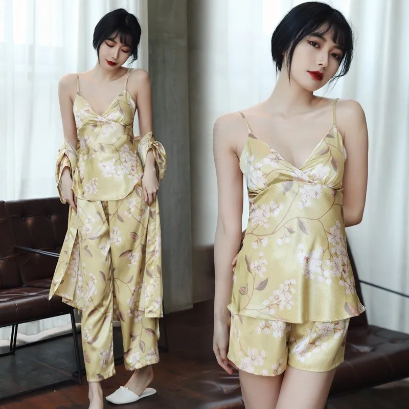 

Pink Print Flower Women Wedding Robe Pajamas Set Spring Summer SEXY 5PCS Sleepwear Pyjama Pour Femme Faux Silk Satin Home Wear
