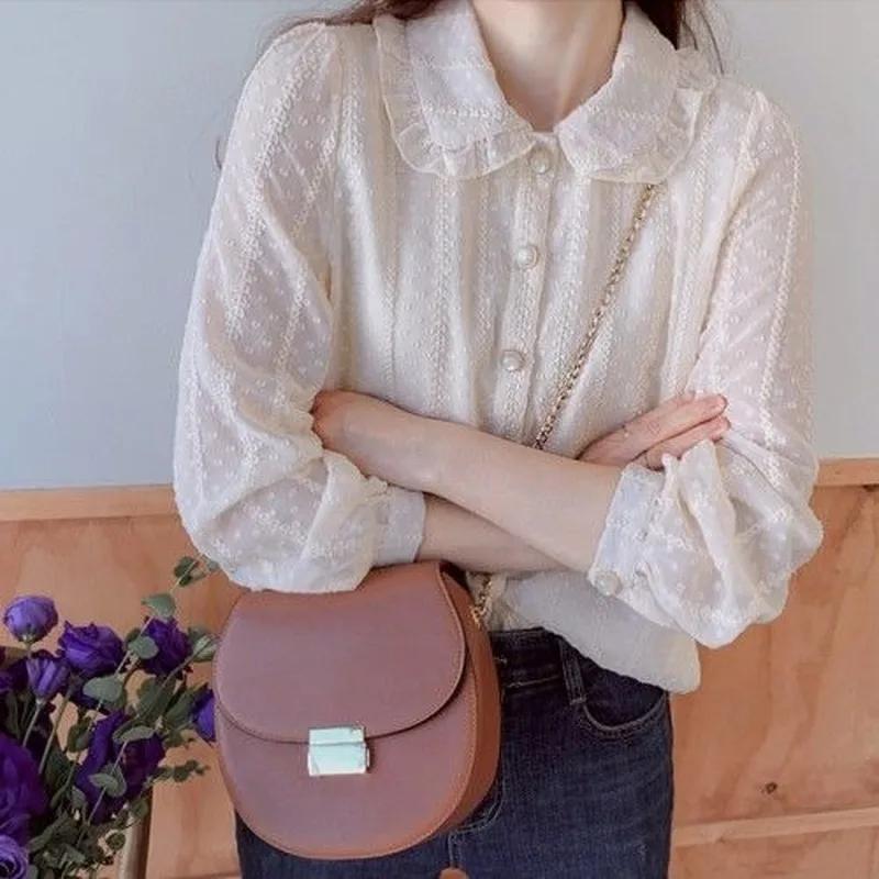 

Chiffon Blouse Women Lace Doll Collared Shirt Western Style Button Up Tops Mori Girl Korean Fashion Elegant