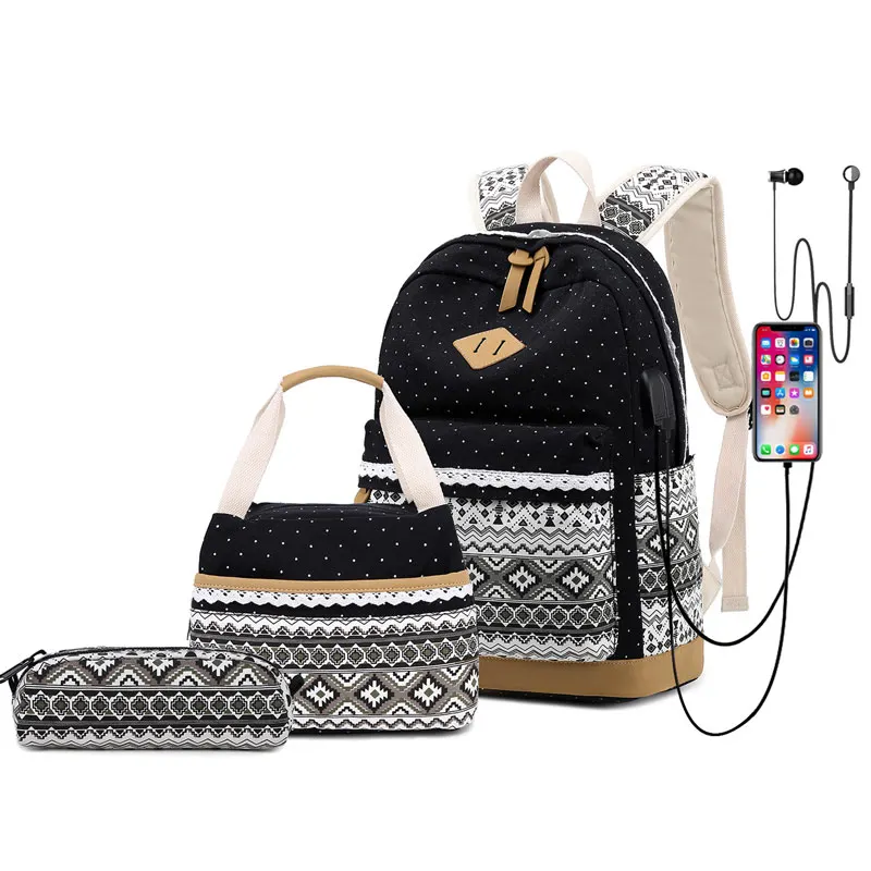 

3 pcs Backpack Women Casual Daypack With USB Backpack Bag School Printing Canvas Bagpack for Teenage Girls and Boys Mchila