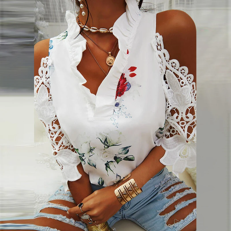 

Sexy Off Shoulder Hollow Out Embroidery Shirt Blouses Summer Elegant Ruffle V Neck Tops Pullover Women Autumn 3/4 Sleeve Blusas