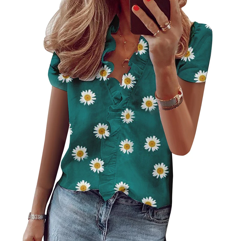 

2020 New Design Womens Tops And Blouses Streetwear Floral Print V-neck Short Sleeve Women Shirts Plus Size Office Blouse Femme