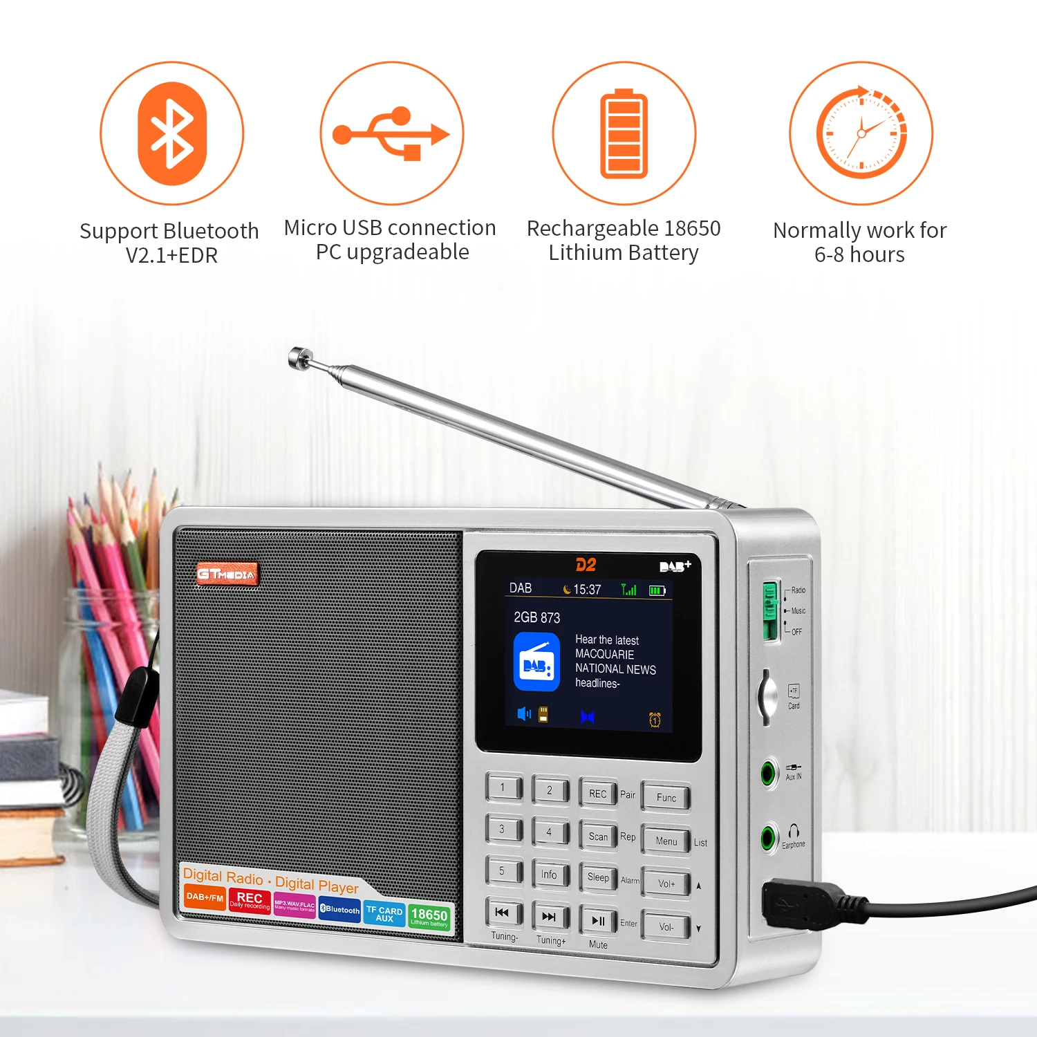 Портативный радиоприемник GTMEDIA D2 DAB +/FM/BT/карта/AUX/стерео/RDS с TFT-ЖК-дисплеем