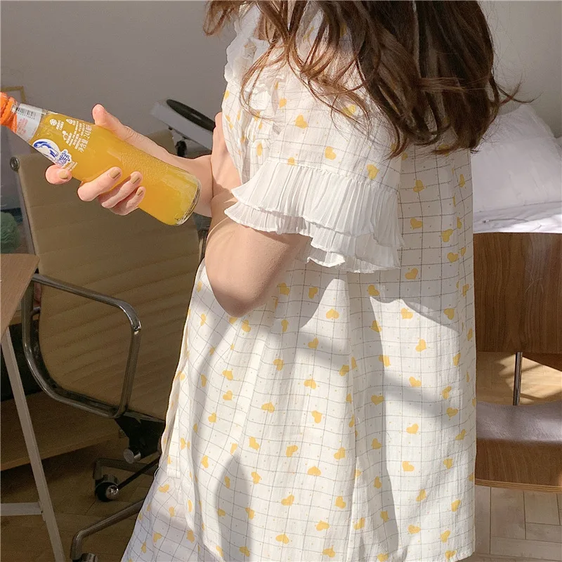 Cotton Pajamas Women 2021 Summer Sweet Lovely Cardigan Plaid Love Printing Cardigan Short Sleeve Pants Home Suit Sleepwear