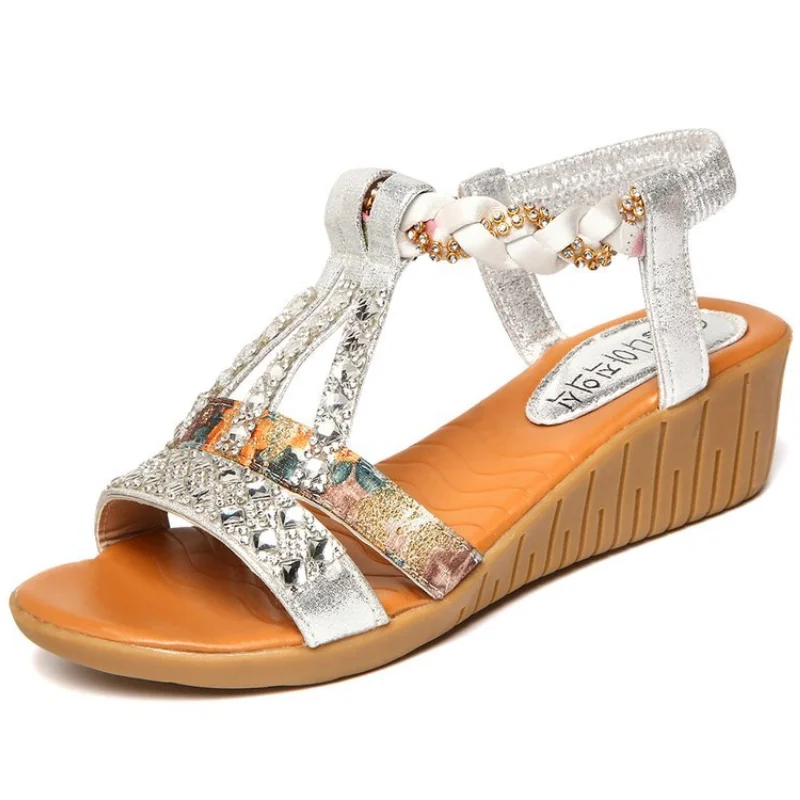 

Women's Sandals Summer Bohemia Platform Wedges Shoes Crystal Gladiator Rome Woman Beach Shoes Casual Elastic Band Female