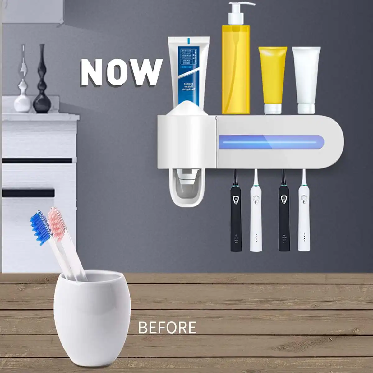 

3 In 1 UV Toothbrush Holder 4 Slot Toothpaste Dispenser Toothbrush Storage Box Wall-mounted Home Bathroom Cleaner Sterilizer