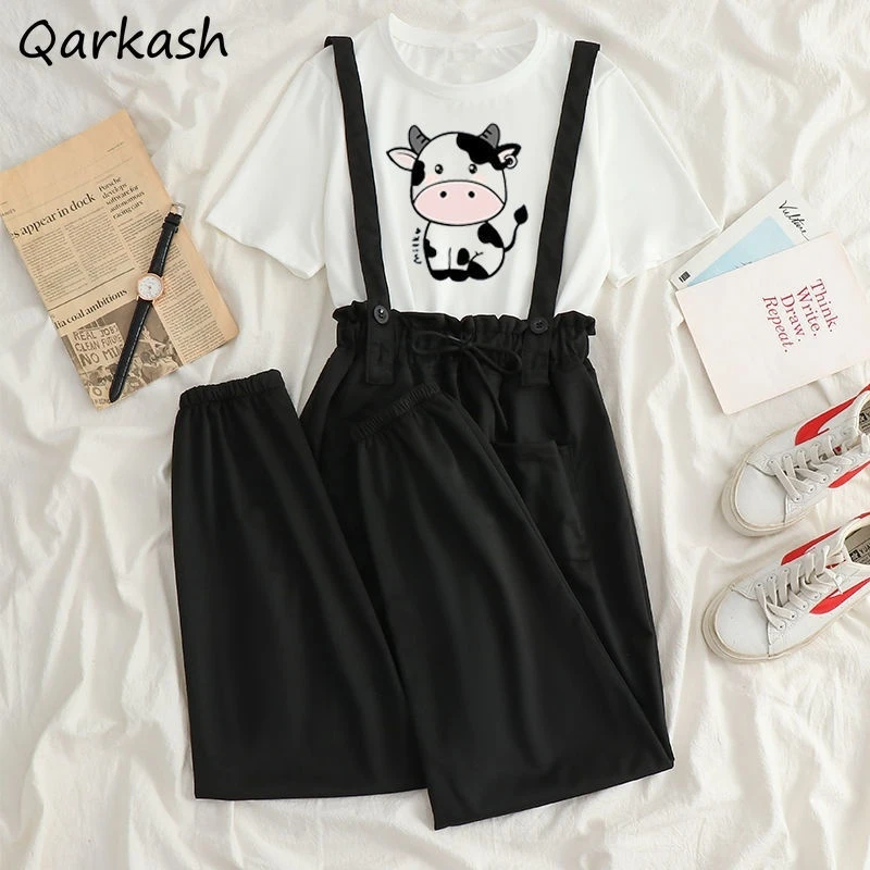 

Женский Повседневный комплект из 2 предметов, простая модная летняя футболка с коровьим принтом, шикарная уличная одежда в стиле бойфренд