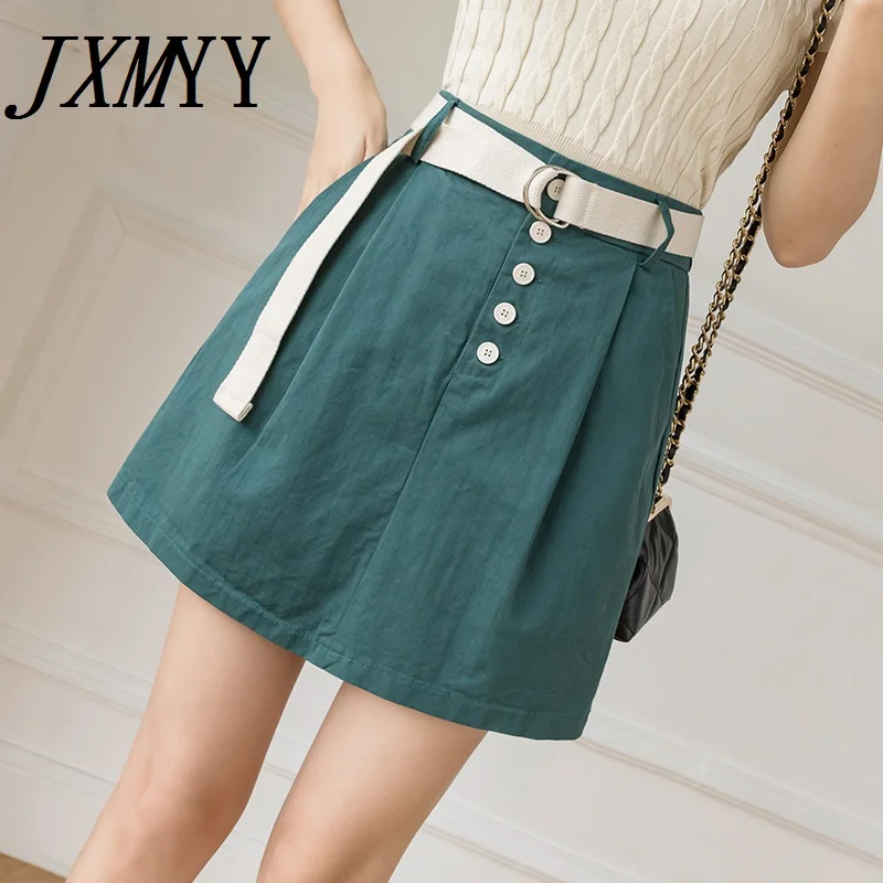 

JXMYY 2021 Summer Fashion New Product Temperament All-Match Simple With Belt Casual Washed Cotton High Waist A-Line Skirt Women
