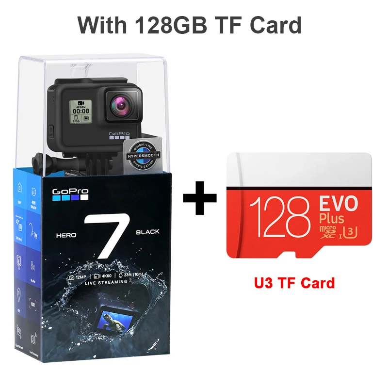 with 128GB Card GoPro HERO 7 черная Водонепроницаемая Экшн-камера с сенсорным экраном Спортивная камера Go Pro HERO 7 12 МП стабилизация прямых потоковых фотографий - Цвет: with 128GB Card