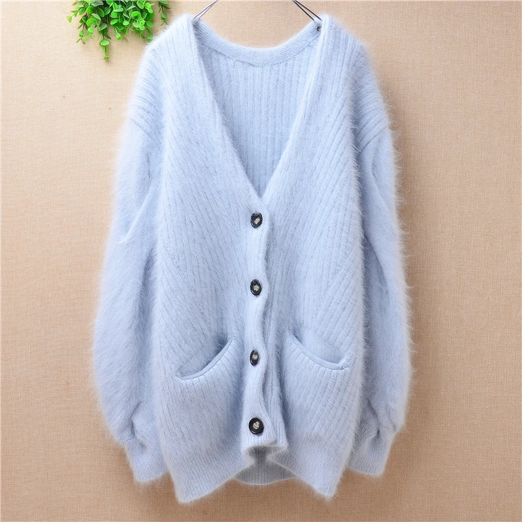 

sweet sky blue female women hairy plush mink cashmere knitted v-neck loose cardigans angora rabbit hair jacket coat sweater pull