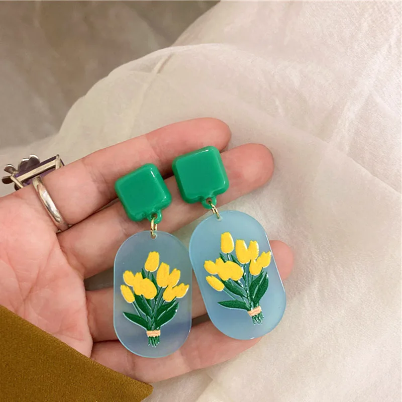 

Geometric Colorful Red Green Camouflage Dangle Acrylic Printed Flower Earring Women Girl