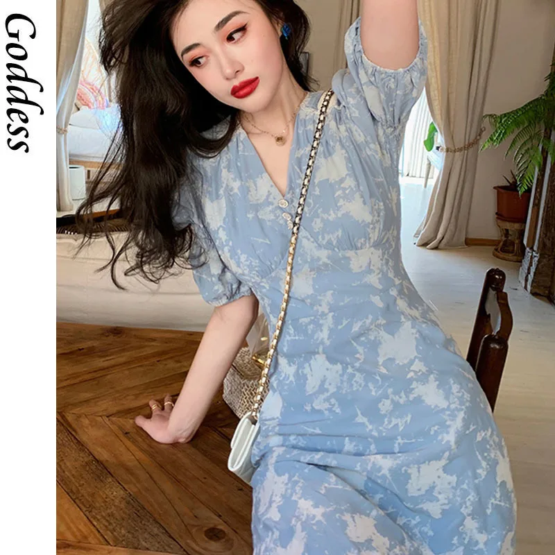 

Women Short Sleeve Elegant Vintage Dress V-neck Floral Printed Dress Beach for Females Korean Style Casual 2021 Summer Dress