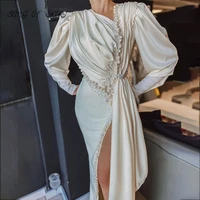 exquisite pearl milky white evening dresses glitter puff long sleeves high split ladies wedding party gown robes de soir%c3%a9e
