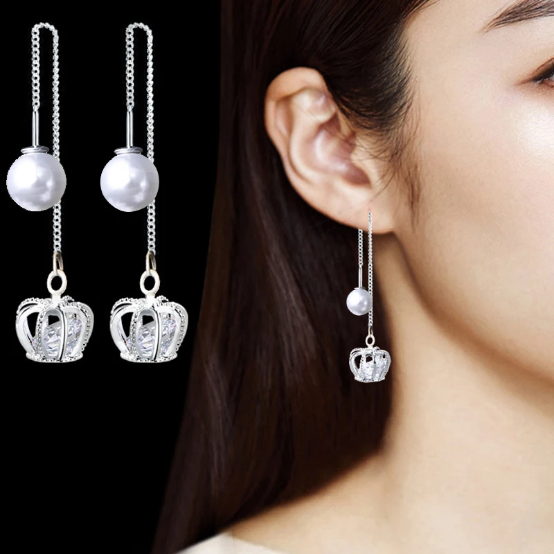 Модные 3D Корона длинные Позолоченные каплевидные серьги с квадратными серебро