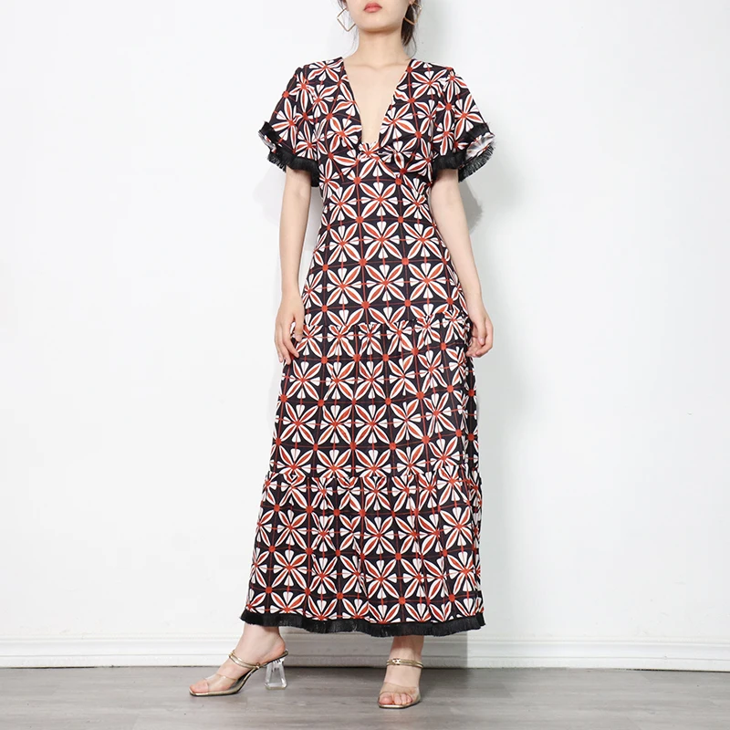 

Hollow Out Midi Dress For Women V Neck Short Sleeve High Waist Vintage Print Dresses Female Fashion New Clothes
