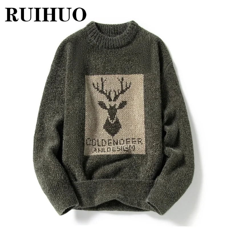 Свитер RUIHUO с принтом лося Мужская одежда модные мужские свитера в стиле