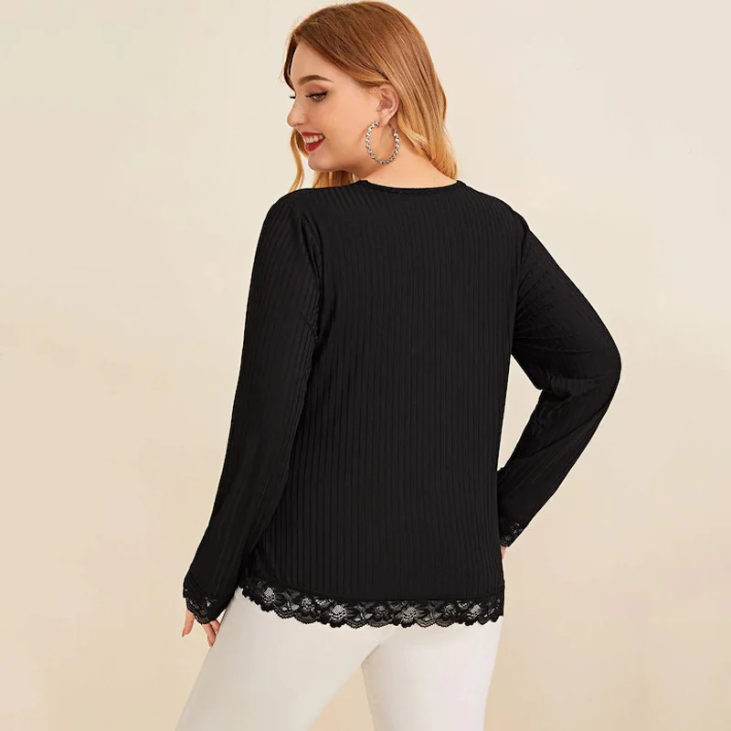 

Lace V-neck Long Sleeve t shirt Women 3xl 4xl Plus Size Tops Elegant Casual Big Size Cotton t-shirt Winter vetement femme 2019
