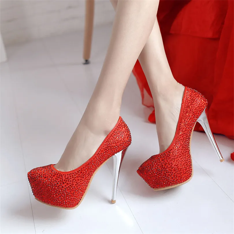 

Big Size Wedding Women Platform Pumps 15cm High Thin Heel Platform Round Toe Rhinestone Glitter PU Party Club Lady Glit Stiletto