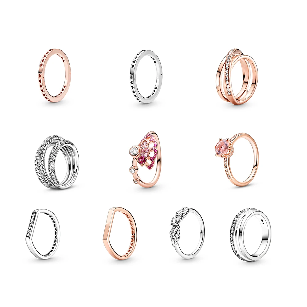 

Women 925 Sterling Silver Ring Charm Pink Flower Silver Angel Wing Sparkling Crystal Finger Round Ring For Wedding Party Jewelry
