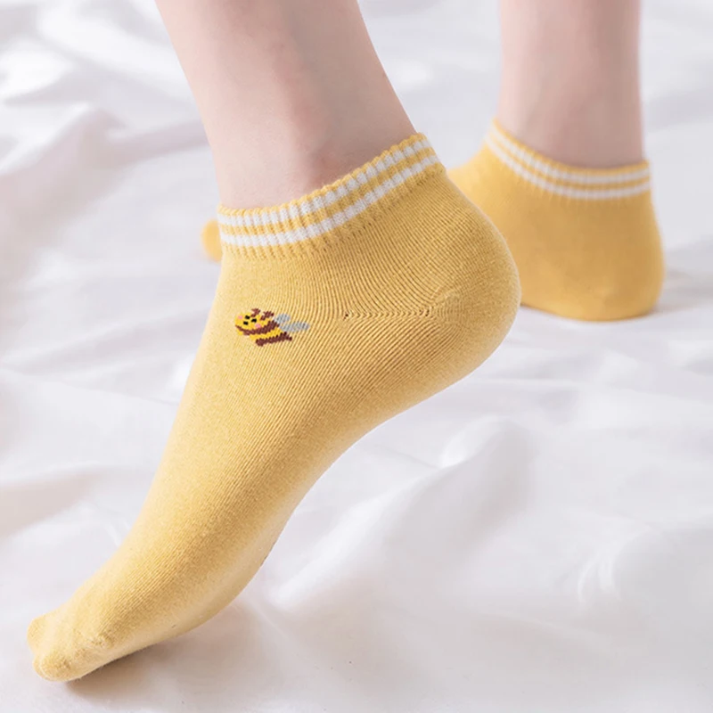 5Pair Low Cut Women Socks Set Summer Thin Yellow Bee Cute Soft Breathable Cotton Socks Japanese Lattice Stripe Kawaii Calcetines